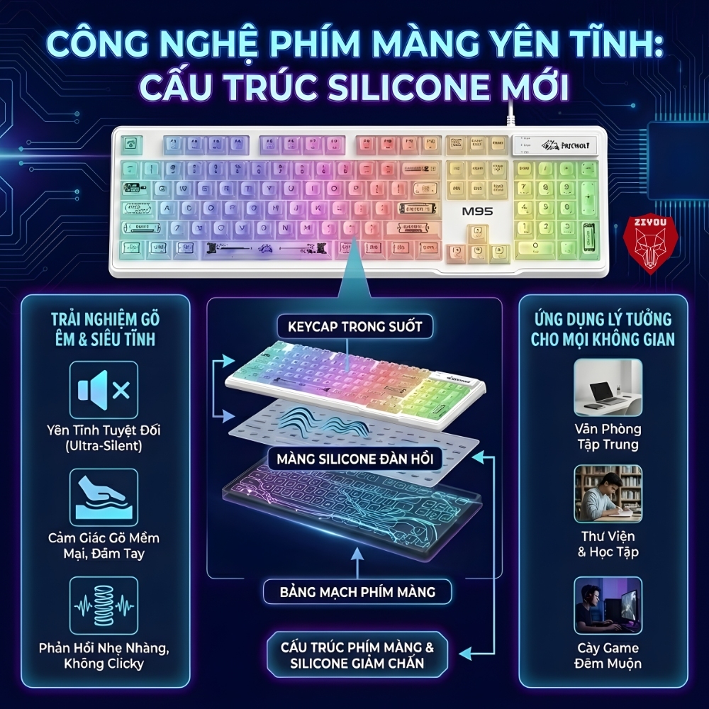 Bàn Phím Có Dây Ziyou Free Wolf M95 Keycap Trong Suốt, LED RGB 16 Triệu Màu, Phím Gõ Êm, Full Size | BigBuy360 - bigbuy360.vn