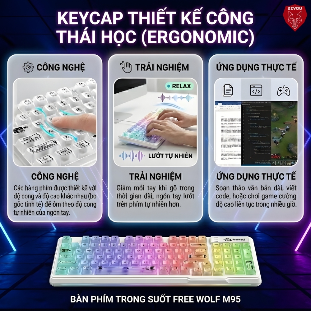 Bàn Phím Có Dây Ziyou Free Wolf M95 Keycap Trong Suốt, LED RGB 16 Triệu Màu, Phím Gõ Êm, Full Size | BigBuy360 - bigbuy360.vn