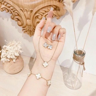 Set dây chuyền bông tai lắc tay titan cỏ 4 lá sang trọng không đen không han gỉ