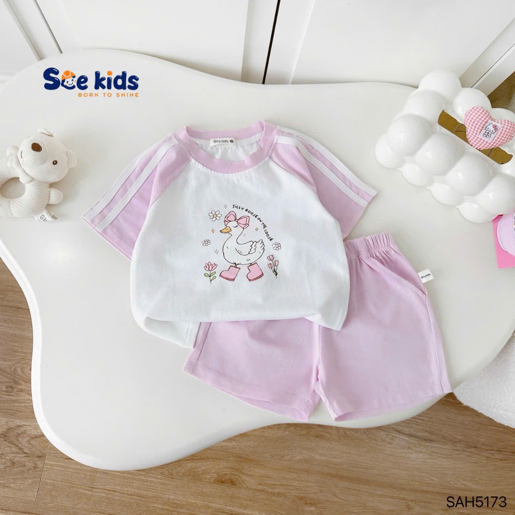 Bộ bé gái cotton in hoạ tiết vịt xinh xắn dễ thương, bộ thun cổ tròn cotton mềm mát cho bé gái
