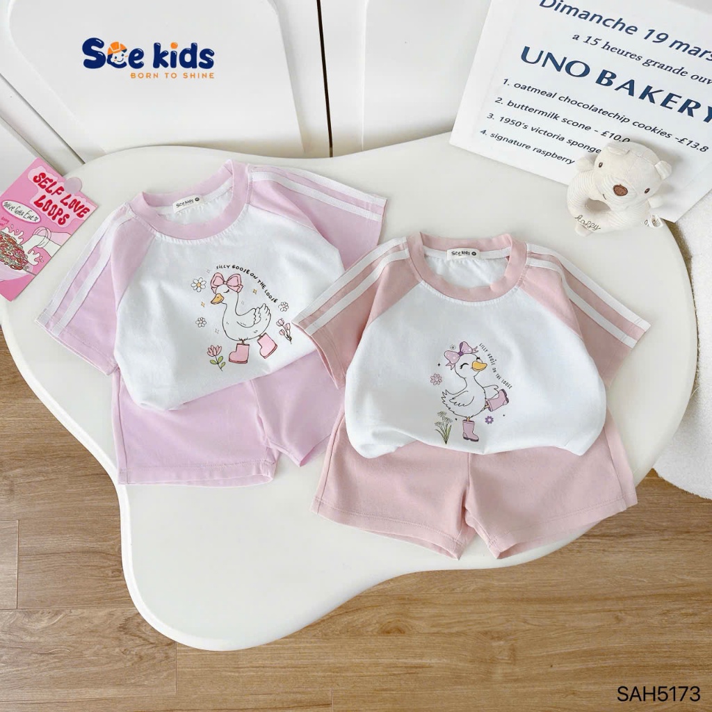 Bộ bé gái cotton in hoạ tiết vịt xinh xắn dễ thương, bộ thun cổ tròn cotton mềm mát cho bé gái