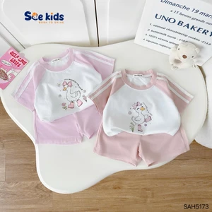Bộ bé gái cotton in hoạ tiết vịt xinh xắn dễ thương, bộ thun cổ tròn cotton mềm mát cho bé gái