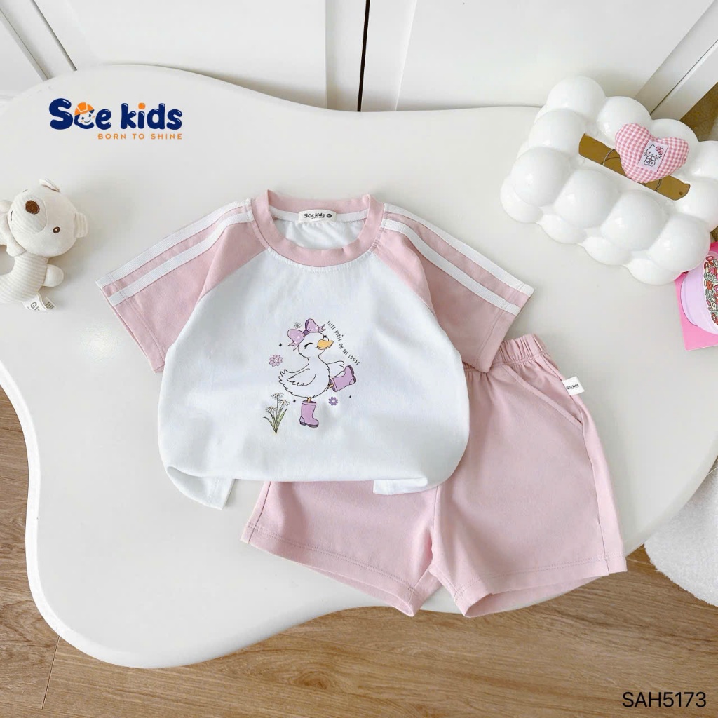 Bộ bé gái cotton in hoạ tiết vịt xinh xắn dễ thương, bộ thun cổ tròn cotton mềm mát cho bé gái