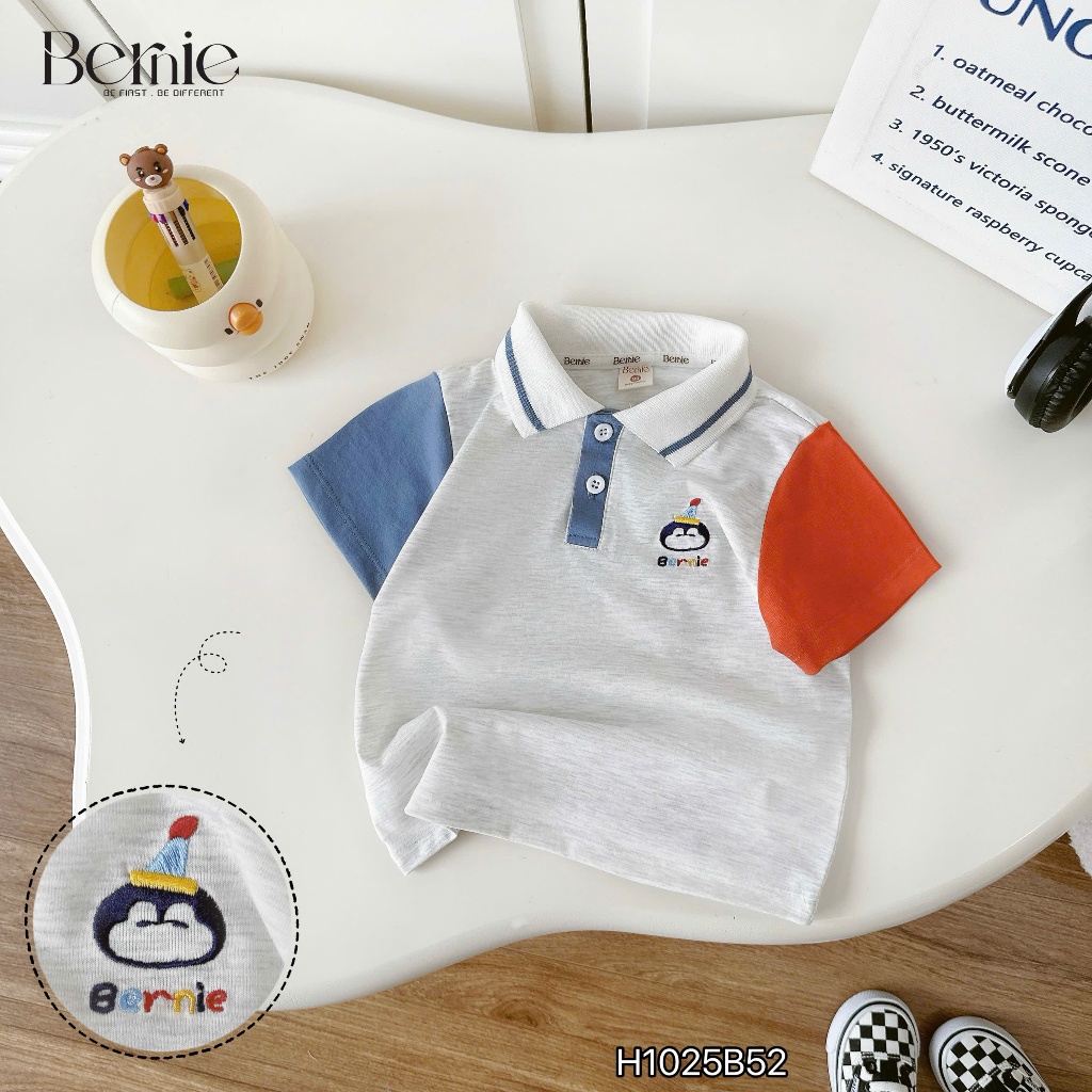 (Hãng Bernie)Bộ quần áo polo cộc tay họa tiết  hình chim cánh cụt,.chất áo cotton co giãn phối quần jean mềm mại cho bé