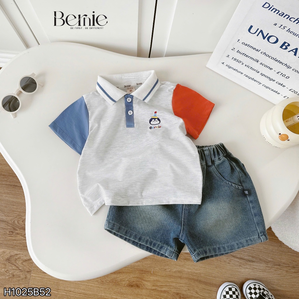Bộ polo cổ đức phối quần bò cá tính bé trai, bộ polo happy brithday bé trai cá tính size cho bé 10 đến 27kg