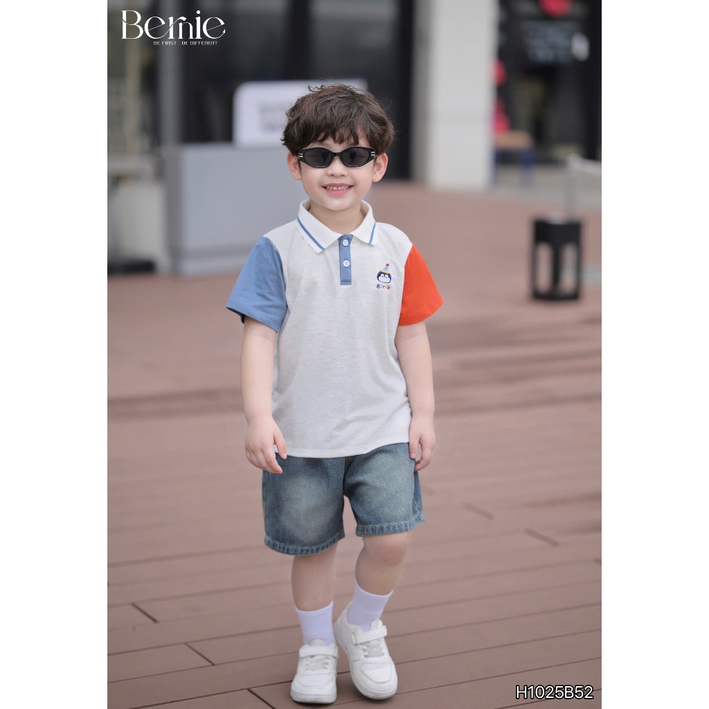 (Hãng Bernie)Bộ quần áo polo cộc tay họa tiết  hình chim cánh cụt,.chất áo cotton co giãn phối quần jean mềm mại cho bé