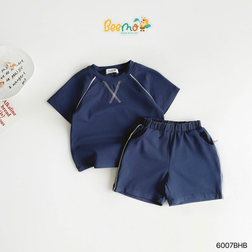 Set cộc tay phối chỉ nổi Beemo chất liệu cotton co giãn 4c cho bé trai 9-21kg