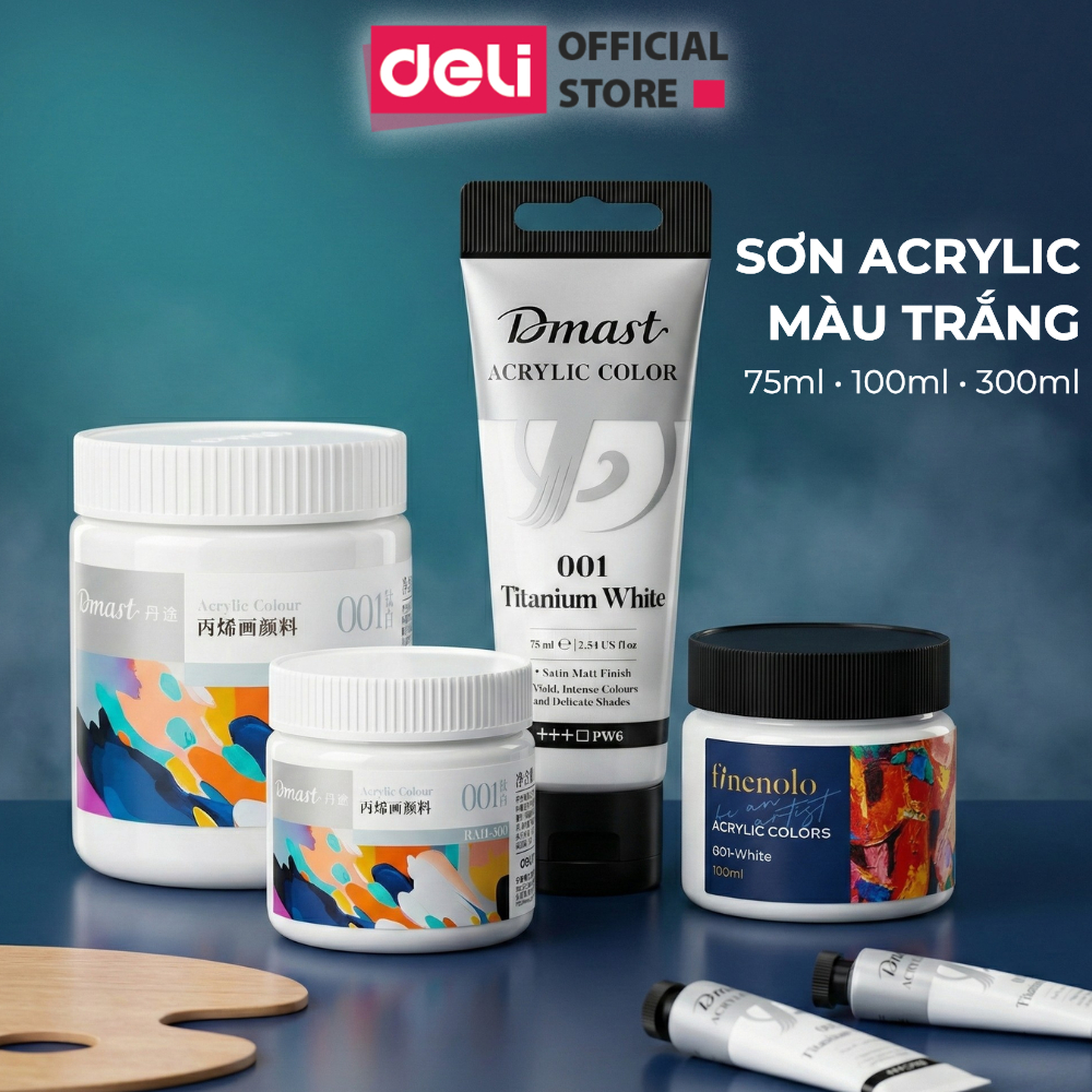 [MUA 3 GIẢM 30%] Màu Nước Acrylic Màu Trắng 75/100/300ml Cao Cấp Deli - Chất Siêu Mịn Pha Sẵn Màu Sắc Tươi Sáng