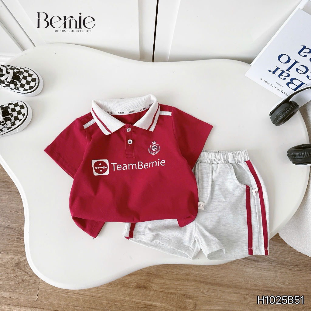 Bộ polo cotton cộc tay team bernie, bộ thun cổ dức phong cách thể thao cho bé trai