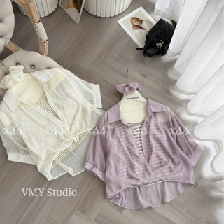 VMY Studio - Set áo sơ mi và áo kẻ ba lỗ mix dây buộc tóc đi biển xinh xắn trẻ trung năng động QCCC nữ