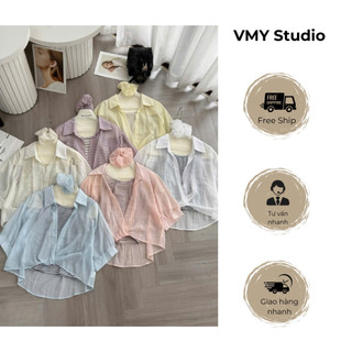 VMY Studio - Set áo sơ mi và áo kẻ ba lỗ mix dây buộc tóc đi biển xinh xắn trẻ trung năng động QCCC nữ