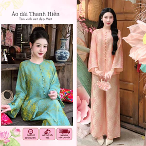 Set pháp phục tơ tằm ánh nhũ hoa văn gấm thọ chìm, đồ lam đi chùa dáng suông bà ba thanh lịch - Áo dài Thanh