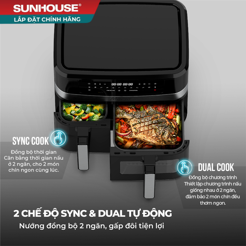 Nồi chiên không dầu 2 ngăn 10L SUNHOUSE MAMA SHD4098