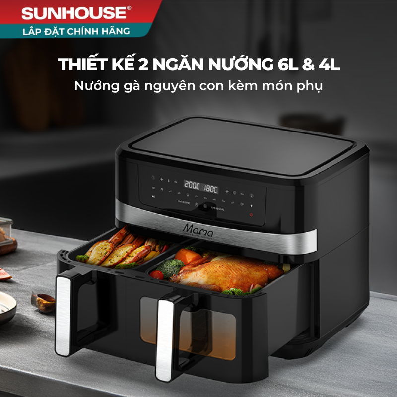 Nồi chiên không dầu 2 ngăn 10L SUNHOUSE MAMA SHD4098
