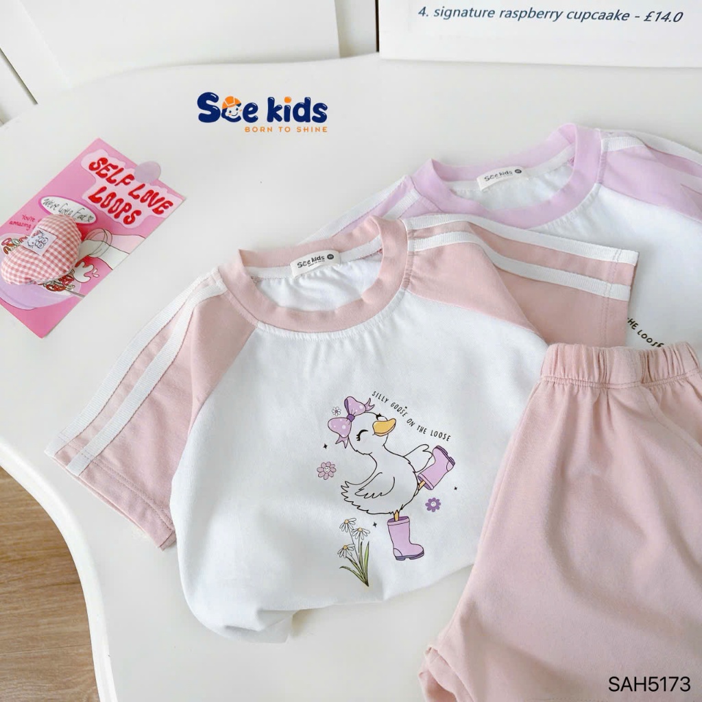 Bộ bé gái cotton in hoạ tiết vịt xinh xắn dễ thương, bộ thun cổ tròn cotton mềm mát cho bé gái