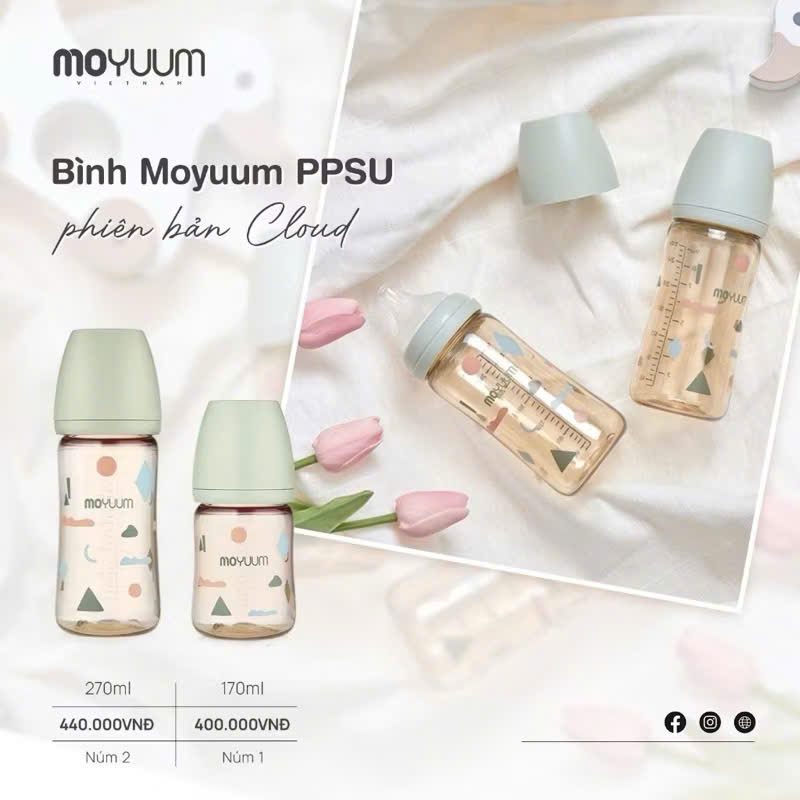 Bình sữa Moyuum Hàn Quốc Đầy Đủ Các Phiên Bản, núm ti mềm mại, nhựa PPSU, dung tích 170ml/270ml