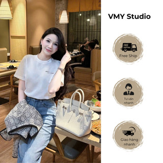 VMY Studio - Áo phông trơn thêu chữ basic trẻ trung, áp thun cổ tròn tay ngắn thêu chữ cá tính nữ