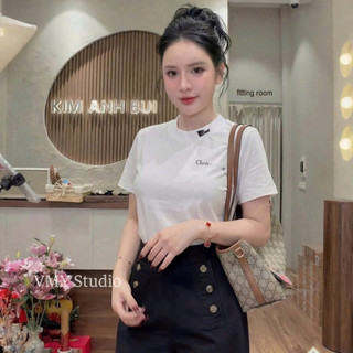VMY Studio - Áo phông trơn thêu chữ basic trẻ trung, áp thun cổ tròn tay ngắn thêu chữ cá tính nữ