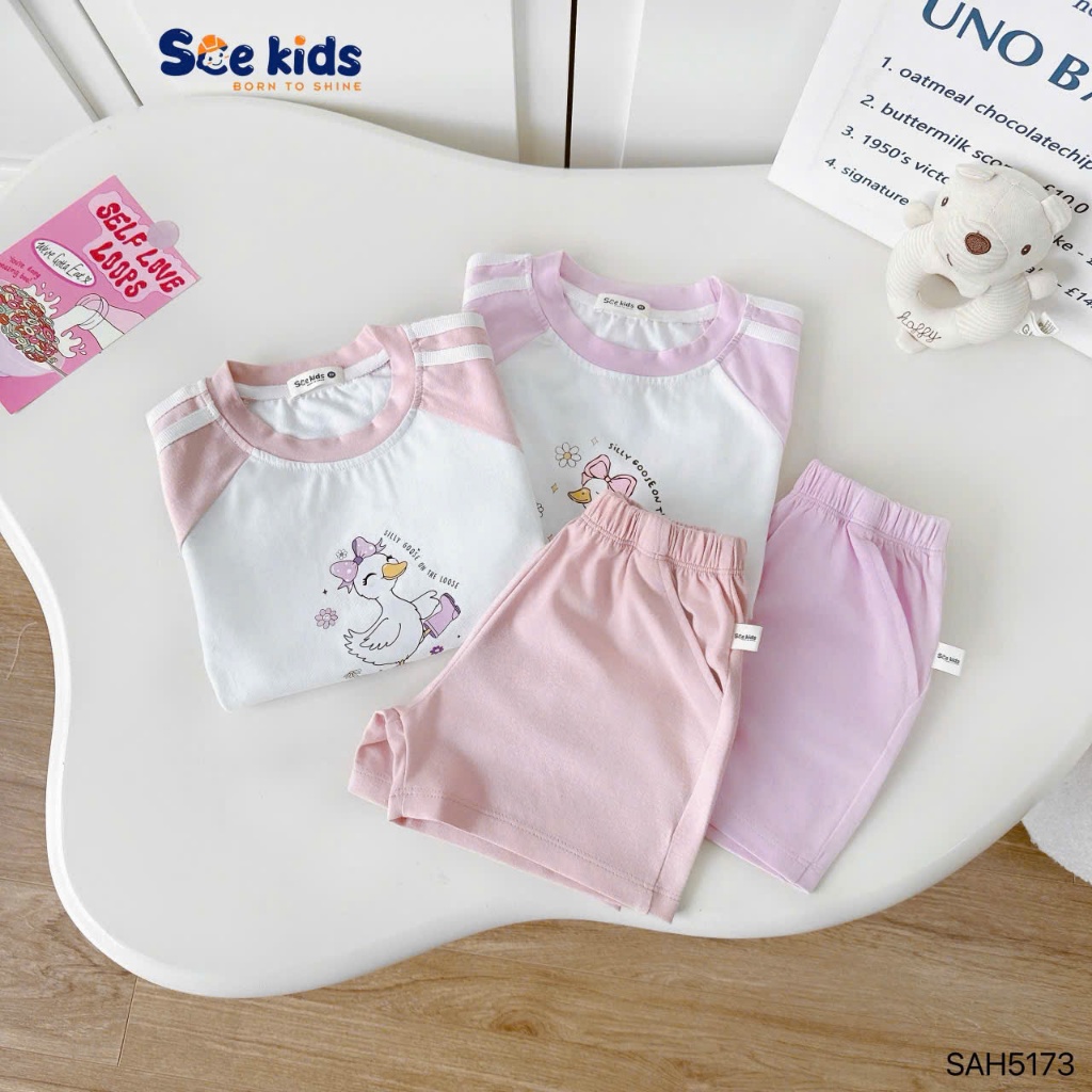 Bộ bé gái cotton in hoạ tiết vịt xinh xắn dễ thương, bộ thun cổ tròn cotton mềm mát cho bé gái