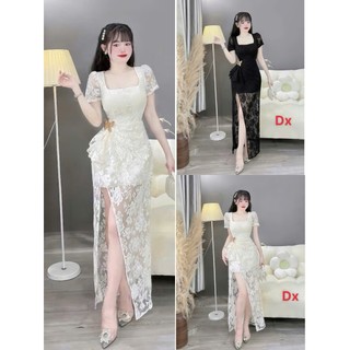 Đầm dự tiệc thời trang Nữ siêu sang cuốn hút chất ren tay búp cổ vuông bo eo nhẹ nhàng ghim phụ kiện váy xẻ tà sexy