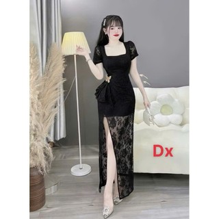 Đầm dự tiệc thời trang Nữ siêu sang cuốn hút chất ren tay búp cổ vuông bo eo nhẹ nhàng ghim phụ kiện váy xẻ tà sexy
