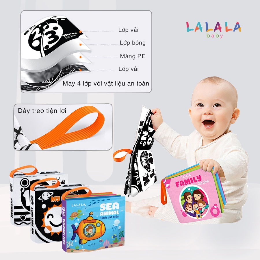 (Combo 8) Sách vải đồ chơi cho bé sơ sinh chất liệu an toàn 8 mặt sột soạt phát triển đa giác quan của Lalala baby