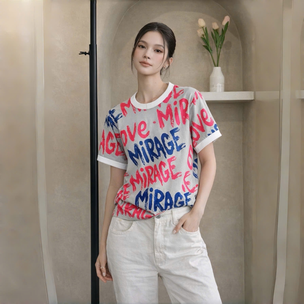 Áo Thun Họa Tiết Full Chữ Rực Rỡ, Chất Cotton Thoáng Mát, Có Kèm Hình Thật.
