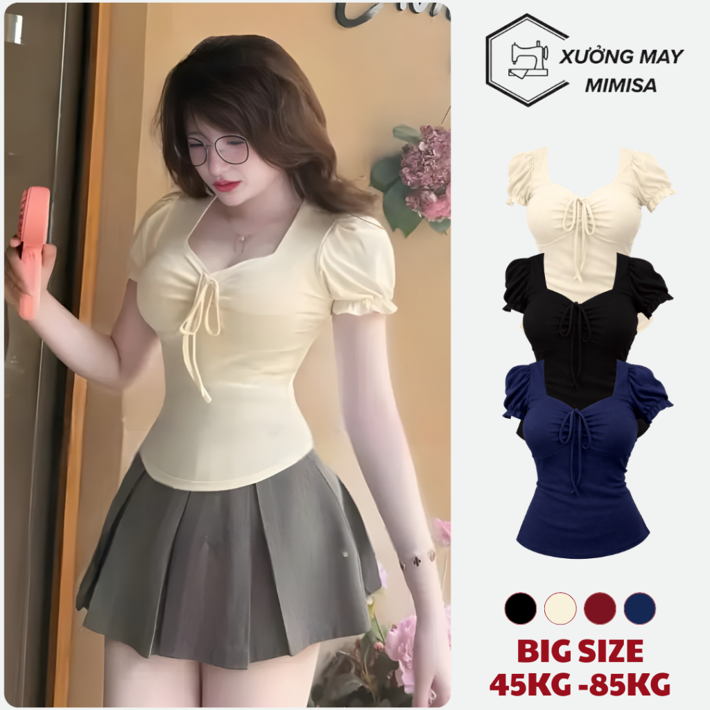 Áo Thun Nữ Bigsize Tay Ngắn MIMISA Phồng Cổ Vuông Phối Nơ Ôm Body Chất Thun Tăm Co Giãn - A549