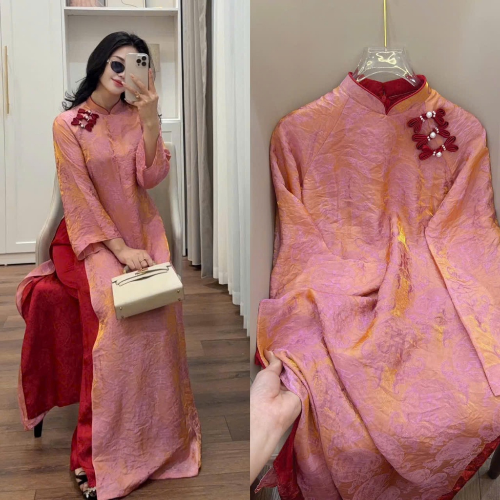 Áo dài cách tân gấm tơ tằm ánh kim 2 tà