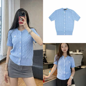 Linh Moon Áo len nữ dệt cable tay ngắn màu xanh baby form ôm nhẹ, chất len cotton Kèm Ảnh Thật