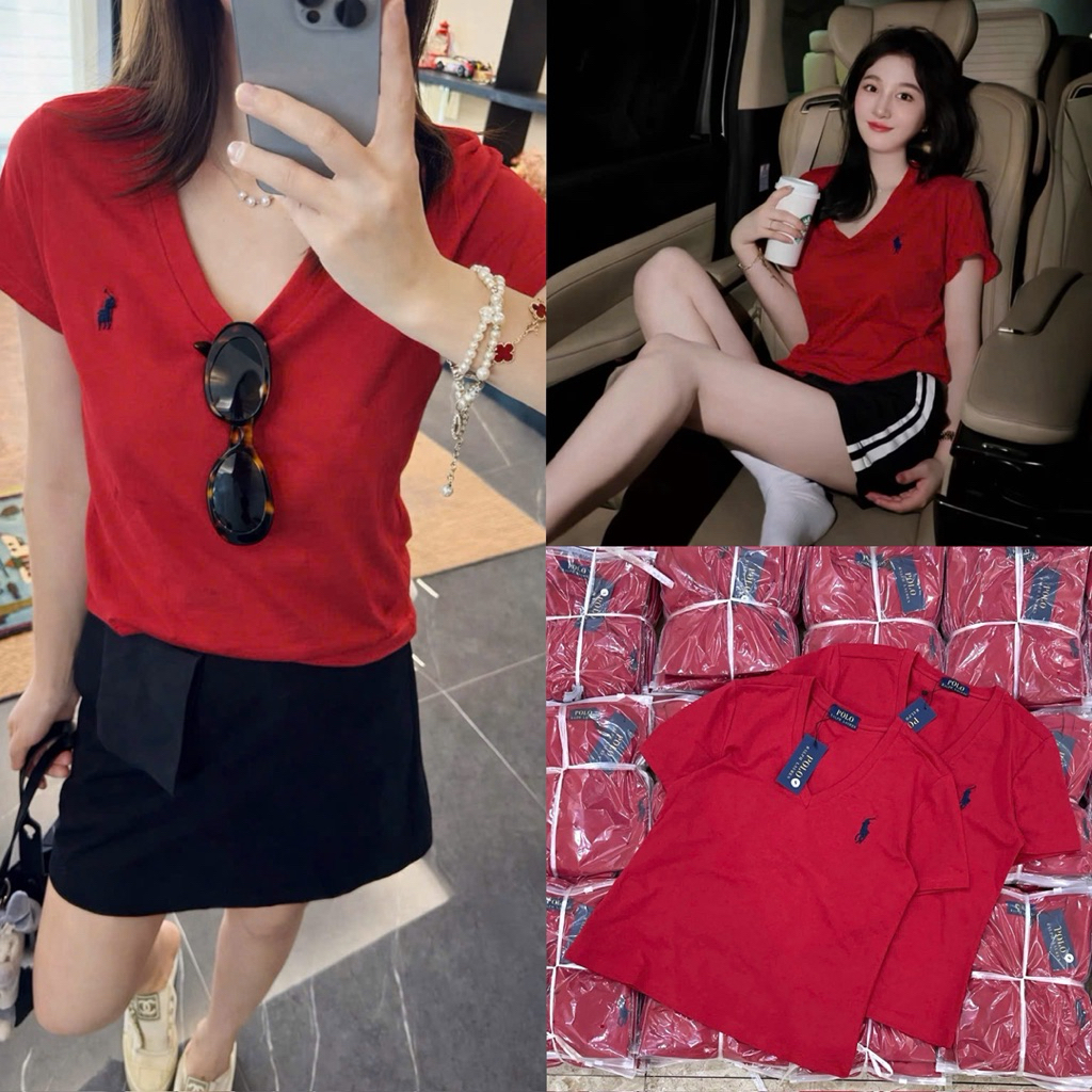 Linh Moon Áo thun nữ cổ tim đỏ thêu logo ngựa form ôm nhẹ chất cotton 4C Kèm Ảnh Thật