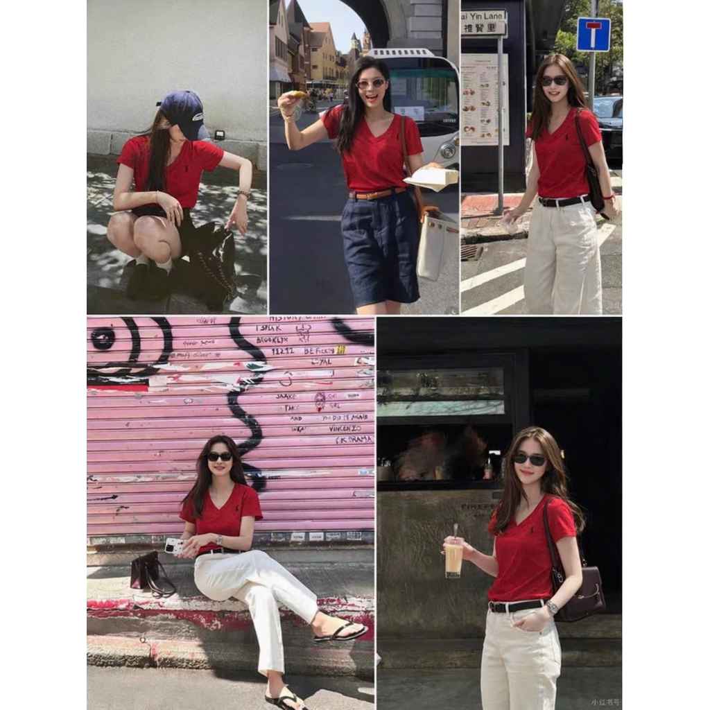 Linh Moon Áo thun nữ cổ tim đỏ thêu logo ngựa form ôm nhẹ chất cotton 4C Kèm Ảnh Thật