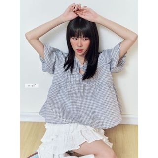 𝐒𝐚𝐲𝐮𝐫𝐢 𝐓𝐨𝐩  - Áo babydoll, áo kiểu nữ cổ tròn viên ren thiết kế giọt nước tay phồng nhien.official NAS00020