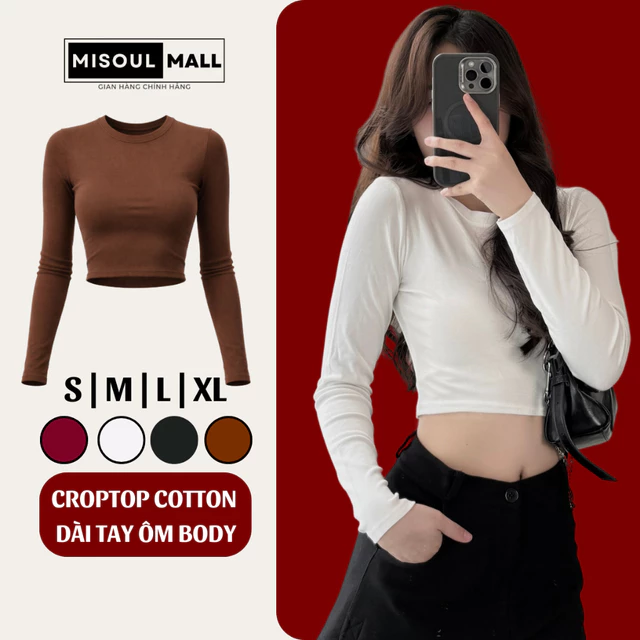 Áo Croptop Nữ Tay Dài Cổ Tròn Ôm Body MiSoul Mall, Áo Thun Cotton Trơn Dáng Ngắn Dài Tay Croptop Fit Body 474