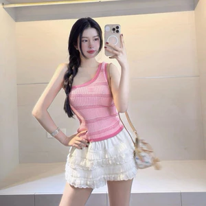 Áo lệch vai len CN kẻ hồng