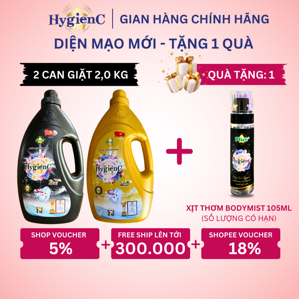 Combo 2 Can Nước Giặt HygienC Plus 2,0Kg/Can Đậm Đặc Hương Nước Hoa - Hàng Chính Hãng