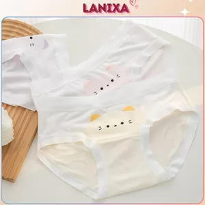 Quần lót nữ cotton kháng khuẩn thấm hút mồ hôi viền lụa họa tiết mèo đáng yêu LANIXA L1164 -CB