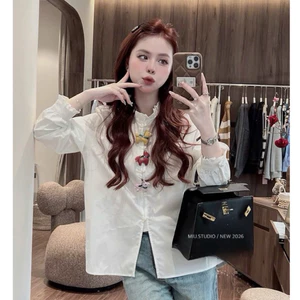 Áo sơmi trắng cổ tròn dài tay phối viền bèo đính charm cao cấp , Áo sơmi ngựa from rộng phong cách tiểu thư Hàn Quốc