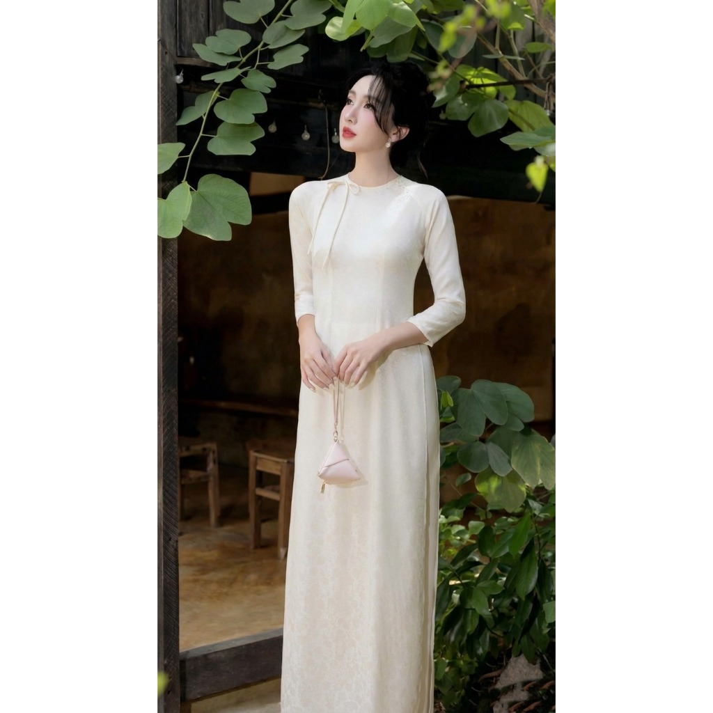 Áo Dài Cách Tân Lụa Gấm Hoa Trắng Kem Dáng Ôm Cổ Tròn Thắt Nơ - Áo Dài Nữ Thiết Kế Sang Trọng Đi Tiệc Lễ Cưới T1598G