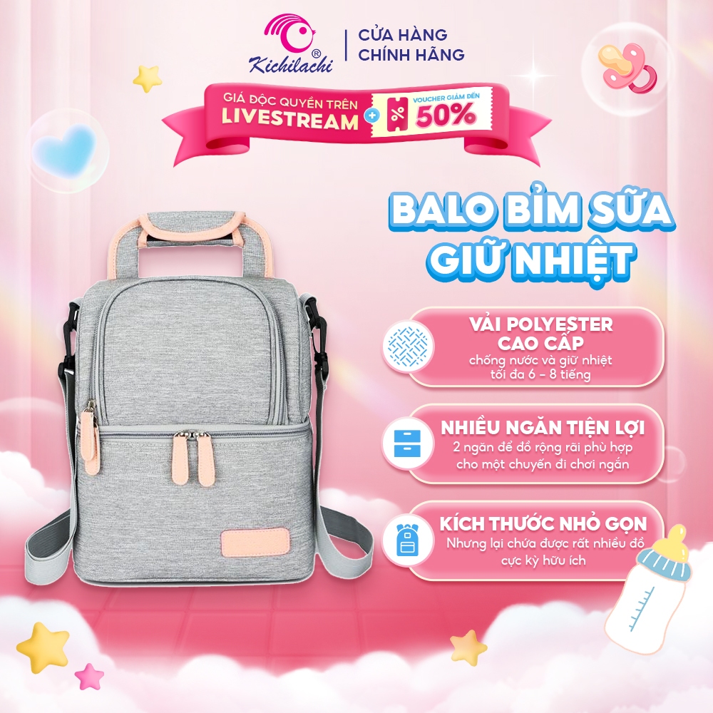 Balo bỉm sữa giữ nhiệt Kichilachi, túi bỉm sữa chống nước bảo quản sữa mẹ size nhỏ - M0038, chưa bao gồm đá khô