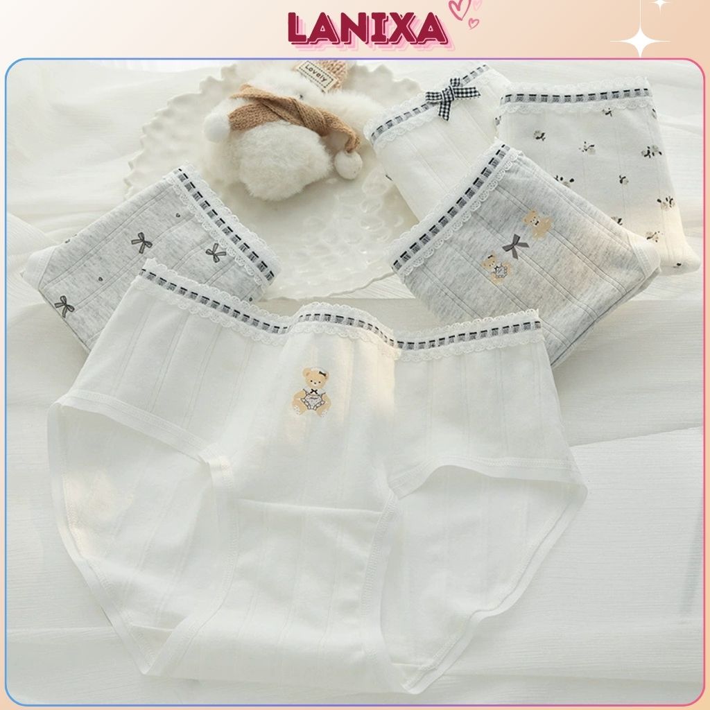 Quần lót nữ cotton cao cấp cạp vừa bo chun tôn dáng co giãn tốt họa tiết gấu đáng yêu LANIXA L1129