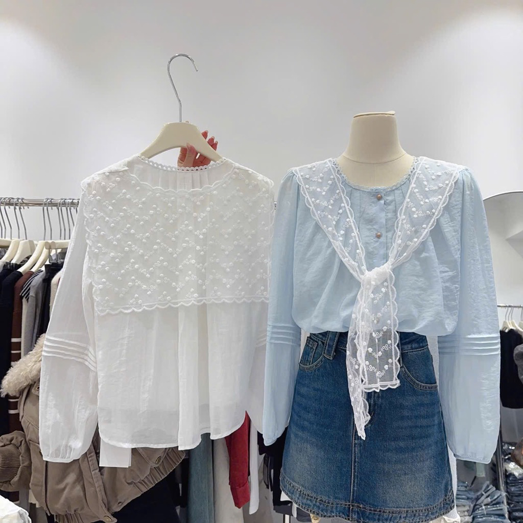 [ OOrder 7-15n] Áo BaByDoll Cổ Tàu Kèm Khăn Quàng Ren Hoa Nhí❤️