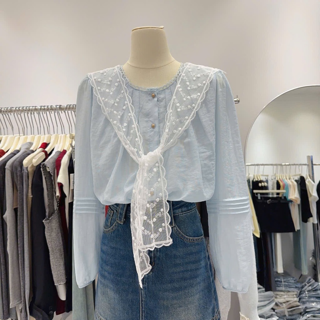 [ OOrder 7-15n] Áo BaByDoll Cổ Tàu Kèm Khăn Quàng Ren Hoa Nhí❤️