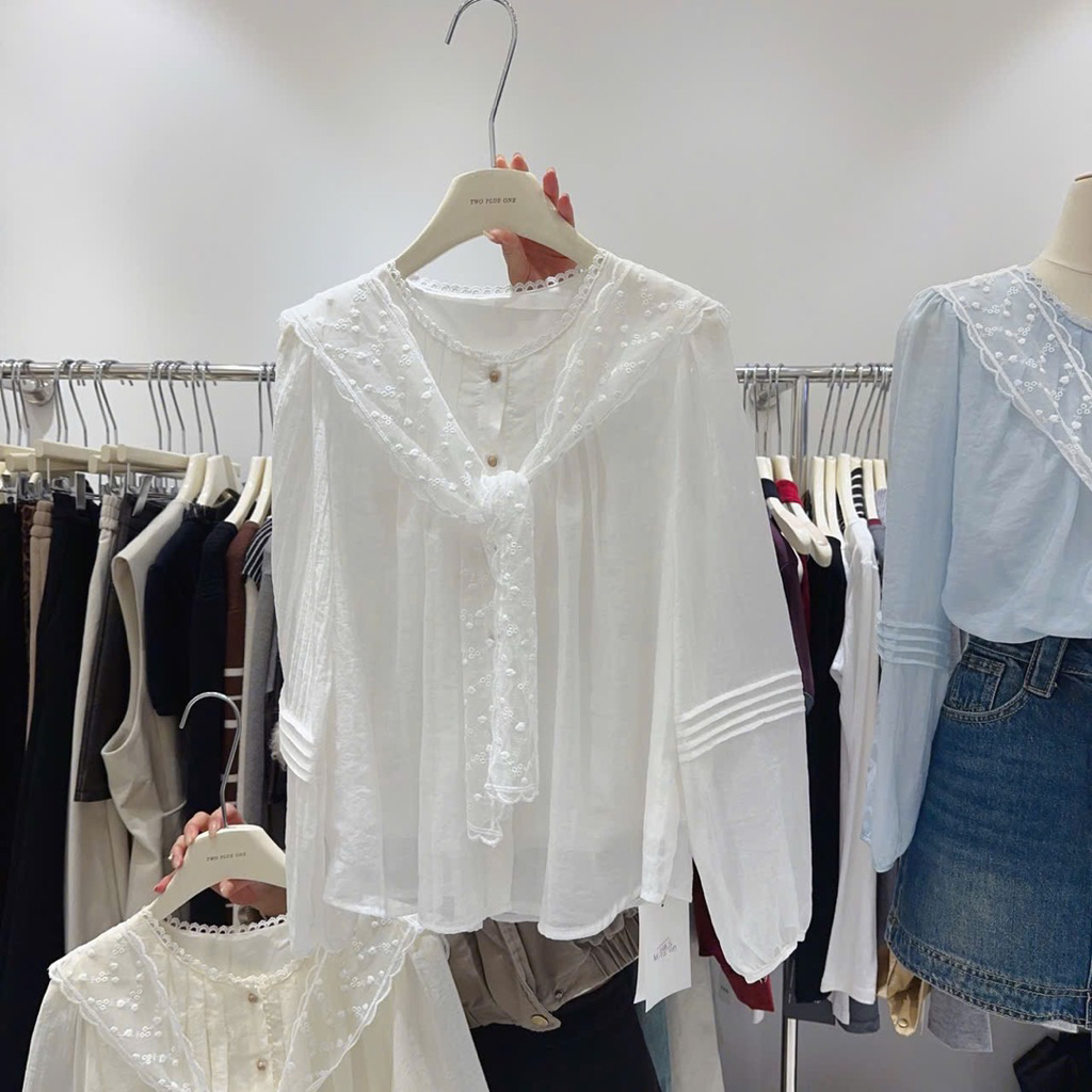 [ OOrder 7-15n] Áo BaByDoll Cổ Tàu Kèm Khăn Quàng Ren Hoa Nhí❤️