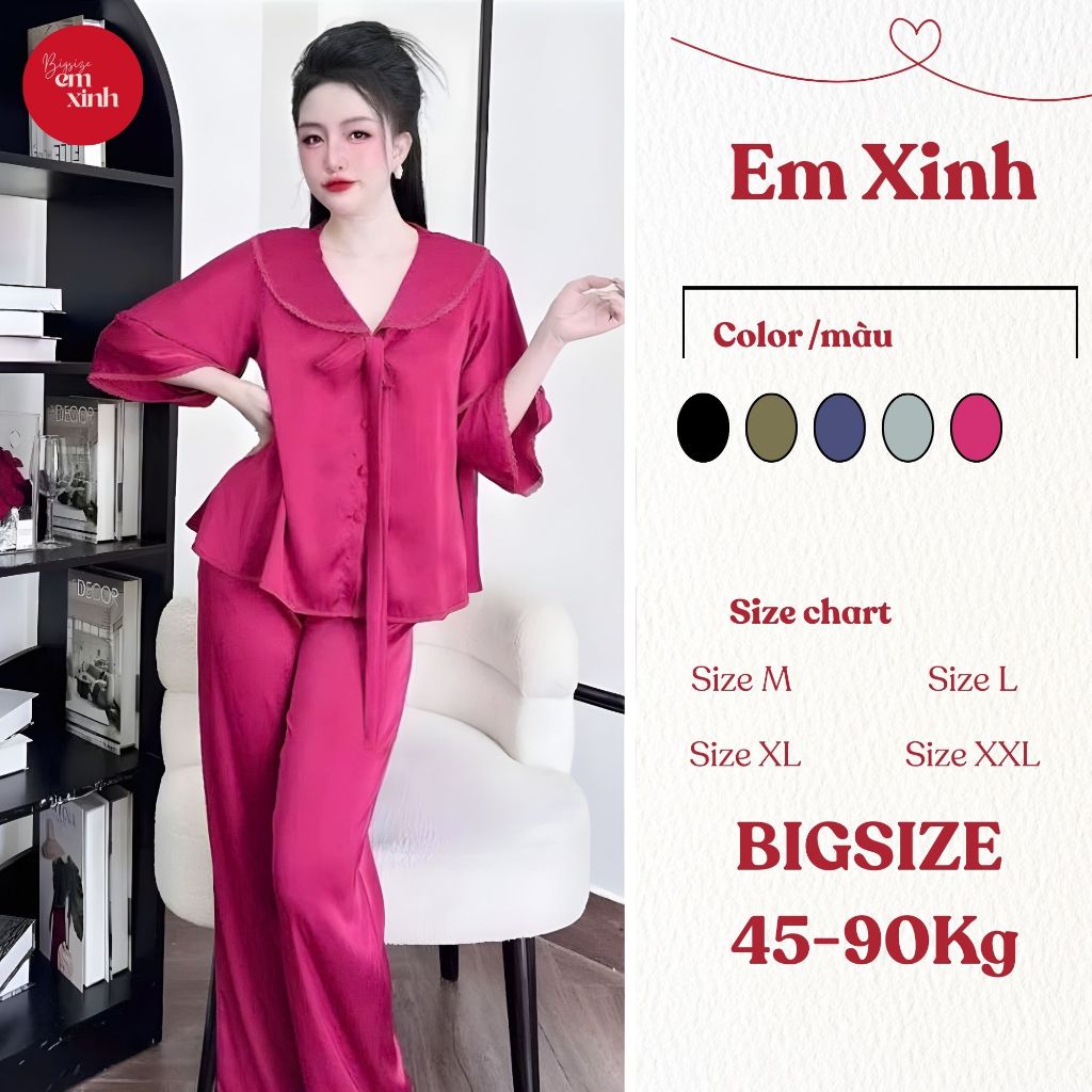 Đồ Ngủ Nữ Pijama Quần Dài Cổ Bèo Cột Nơ – Chất Lụa Latin Mềm Mịn Freesize 45–90kg | PJ015- Em Xinh Bigsize