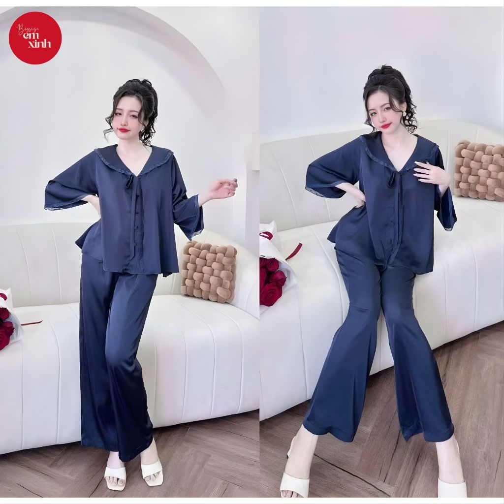 Đồ Ngủ Nữ Pijama Quần Dài Cổ Bèo Cột Nơ – Chất Lụa Latin Mềm Mịn Freesize 45–90kg | PJ015- Em Xinh Bigsize