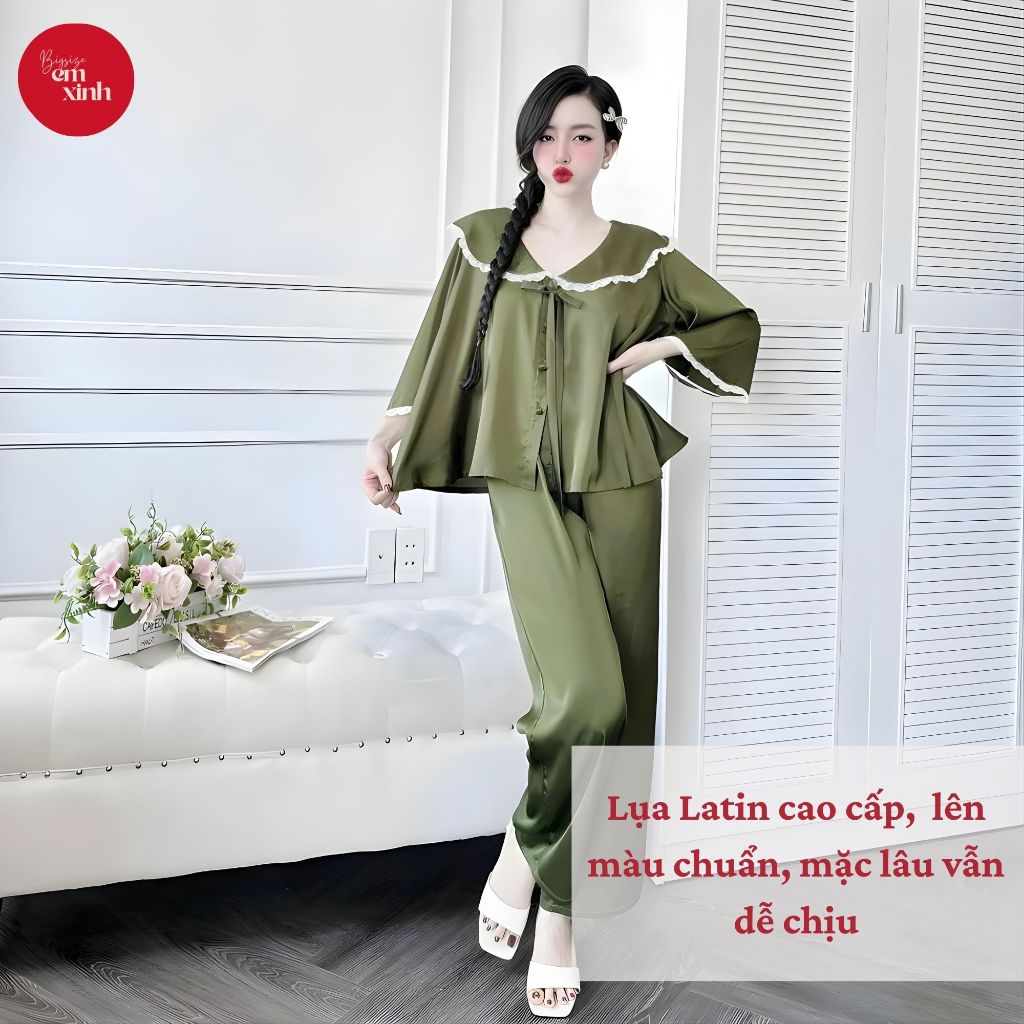 Đồ Ngủ Nữ Pijama Quần Dài Cổ Bèo Cột Nơ – Chất Lụa Latin Mềm Mịn Freesize 45–90kg | PJ015- Em Xinh Bigsize