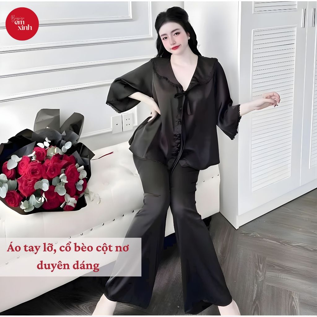 Đồ Ngủ Nữ Pijama Quần Dài Cổ Bèo Cột Nơ – Chất Lụa Latin Mềm Mịn Freesize 45–90kg | PJ015- Em Xinh Bigsize