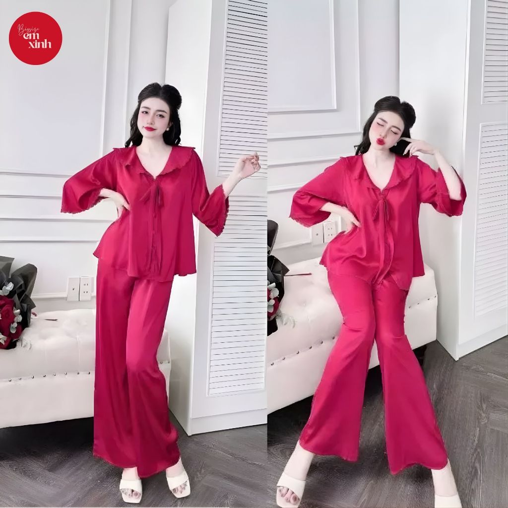 Đồ Ngủ Nữ Pijama Quần Dài Cổ Bèo Cột Nơ – Chất Lụa Latin Mềm Mịn Freesize 45–90kg | PJ015- Em Xinh Bigsize