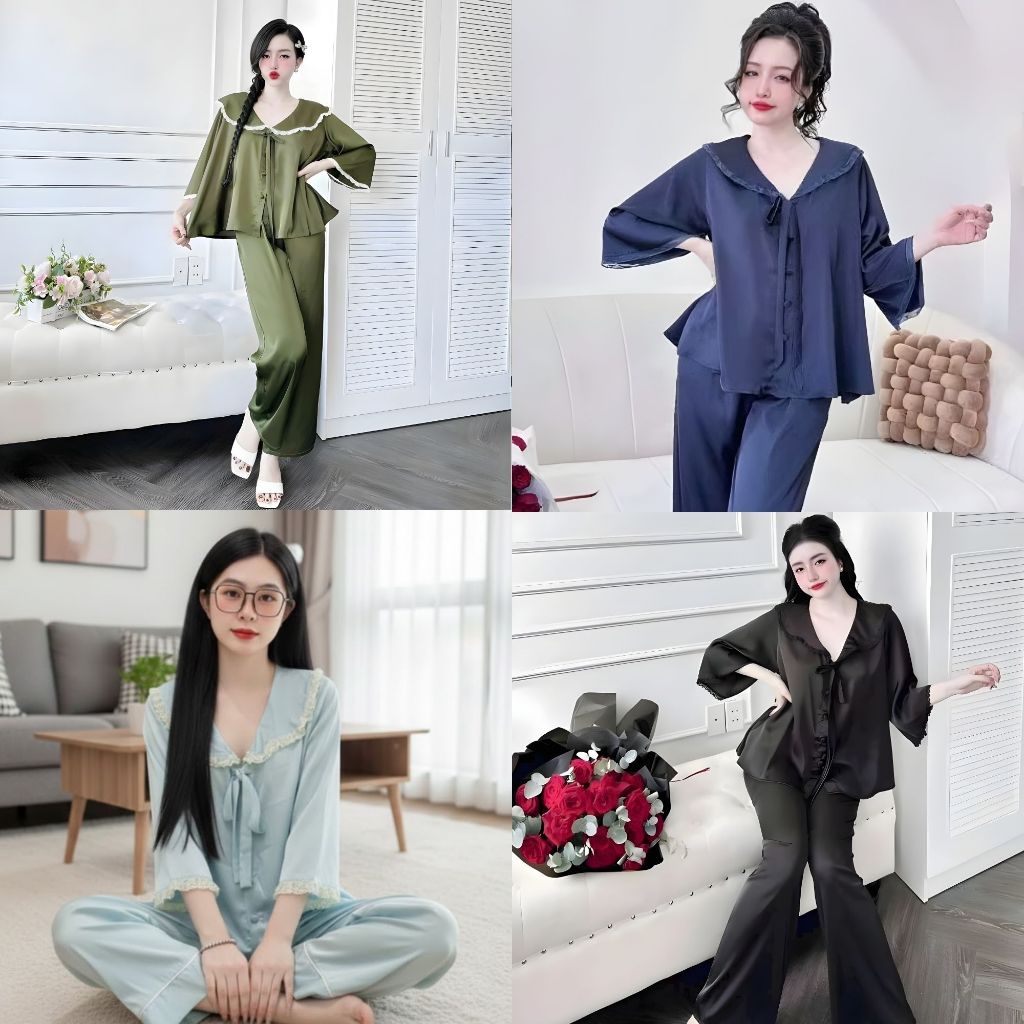 Đồ Ngủ Nữ Pijama Quần Dài Cổ Bèo Cột Nơ – Chất Lụa Latin Mềm Mịn Freesize 45–90kg | PJ015- Em Xinh Bigsize